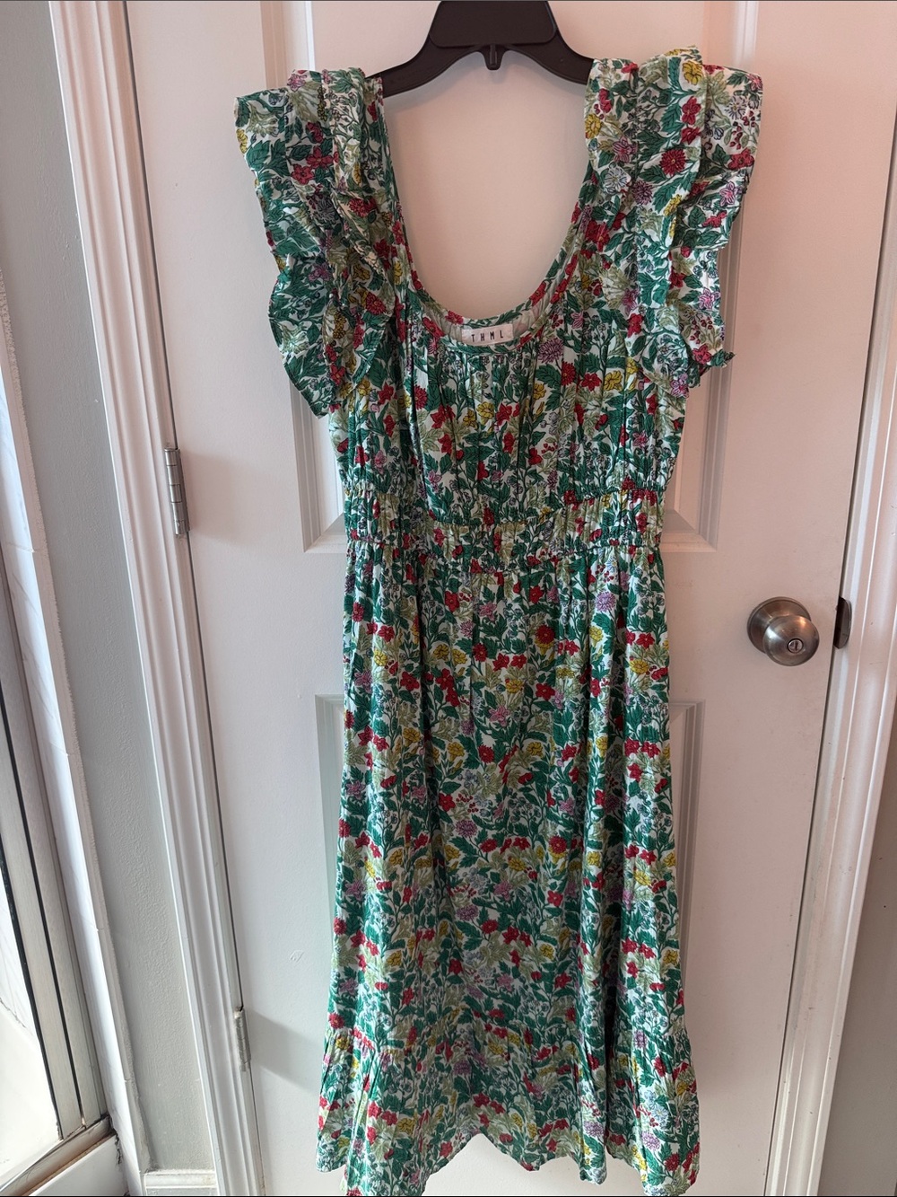 THML Green Floral Maxi Dress with Ruffle Sleeves